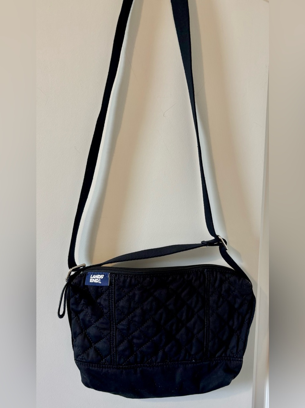 Lands' End Quilted Mini Crossbody Bag Black Adjustable Strap Purse 8” X 11” X 3”